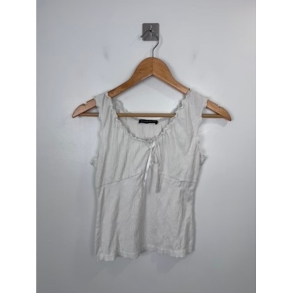 Brandy‎ Melville White Crinkle Gauze Tank Top Lettuce Trim Bow  One Size